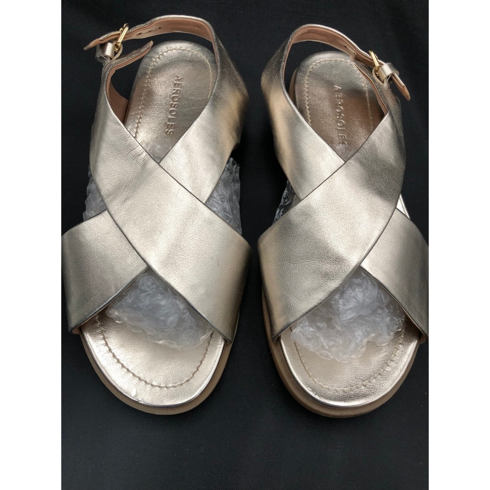 Aerosoles Womens Champagne/Gold Metallic Cross Strap Slingback Flat Sandals 7M